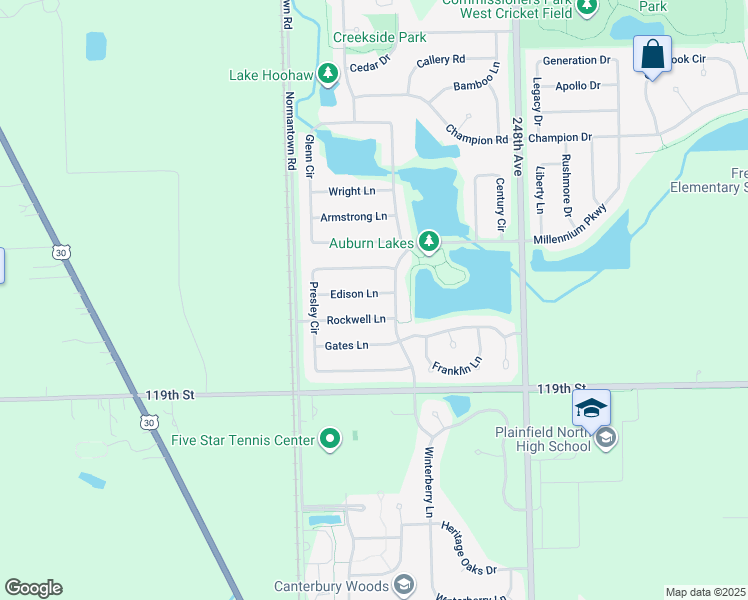map of restaurants, bars, coffee shops, grocery stores, and more near 25015 Edison Lane in Plainfield