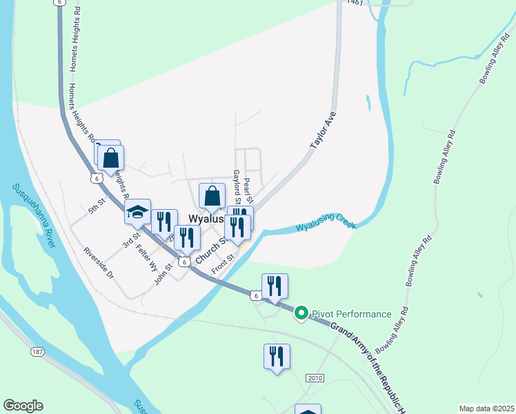 map of restaurants, bars, coffee shops, grocery stores, and more near 28 Taylor Avenue in Wyalusing