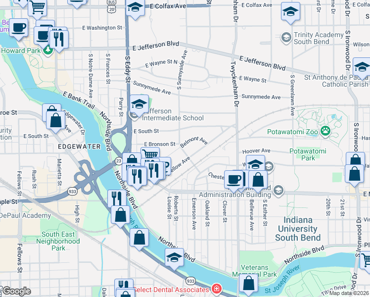map of restaurants, bars, coffee shops, grocery stores, and more near 701-799 S Sunnyside Ave in South Bend