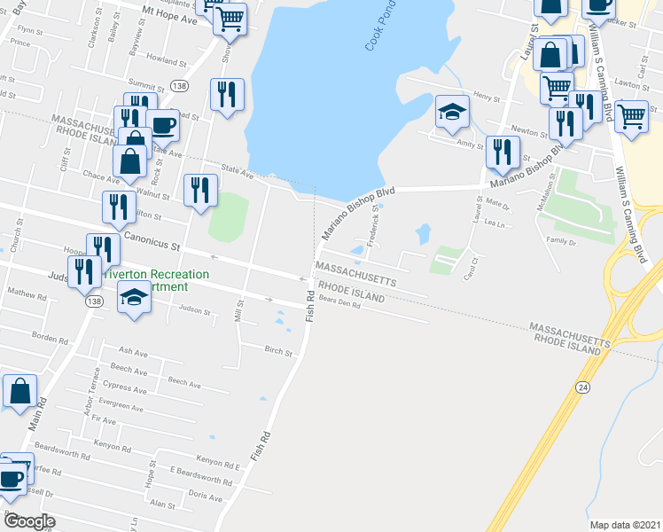 map of restaurants, bars, coffee shops, grocery stores, and more near 1144 Mariano Bishop Boulevard in Fall River