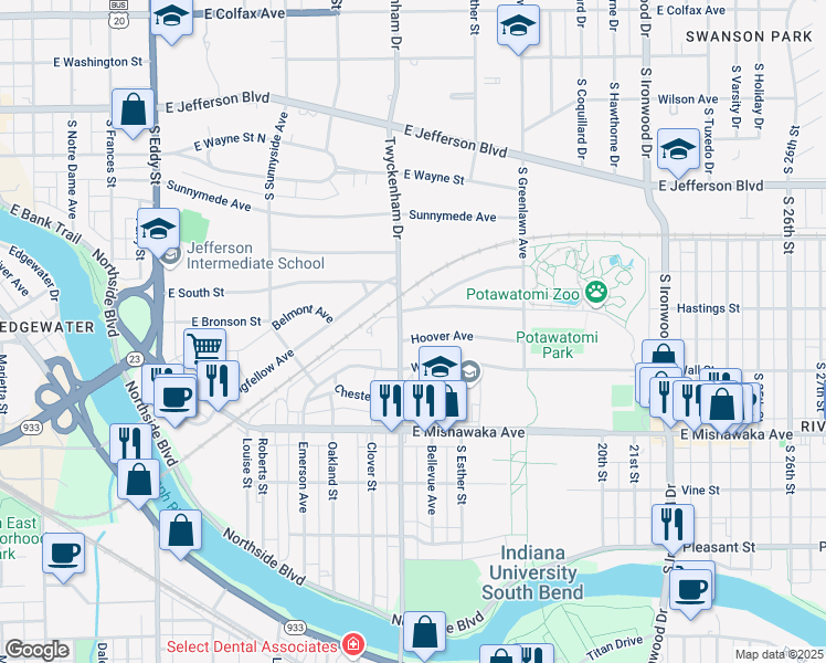 map of restaurants, bars, coffee shops, grocery stores, and more near 1523-1529 Hoover Avenue in South Bend