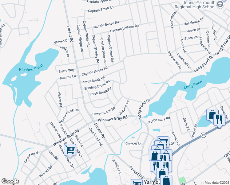 map of restaurants, bars, coffee shops, grocery stores, and more near 16 Spinning Brook Road in Yarmouth