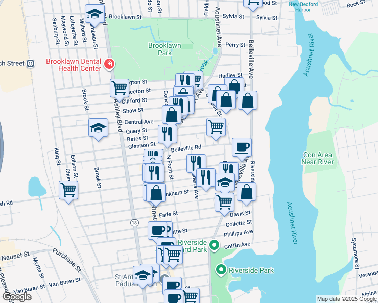 map of restaurants, bars, coffee shops, grocery stores, and more near 111 Eugenia Street in New Bedford