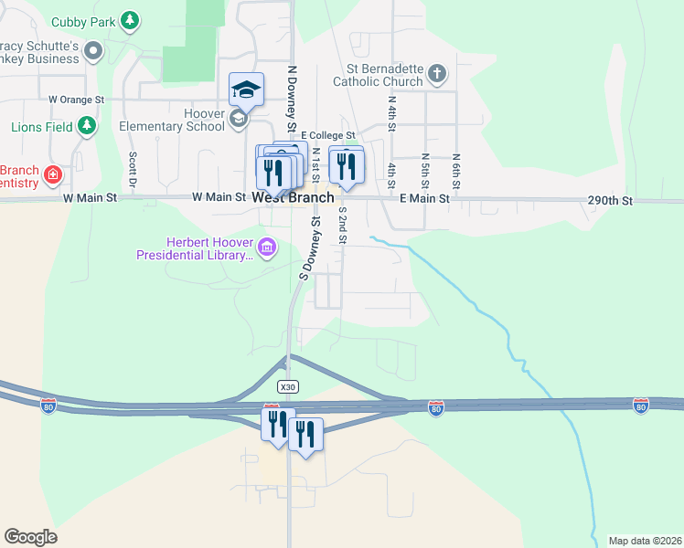 map of restaurants, bars, coffee shops, grocery stores, and more near 301 South 2nd Street in West Branch