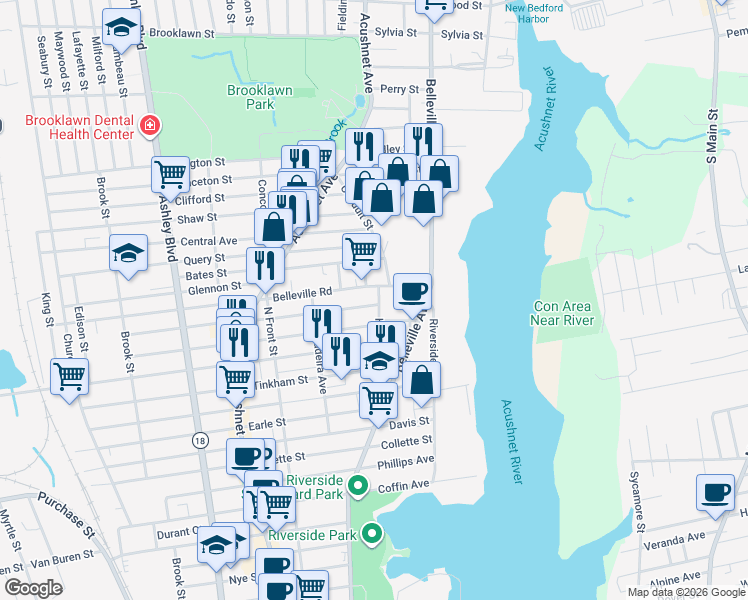 map of restaurants, bars, coffee shops, grocery stores, and more near 59 Eugenia Street in New Bedford