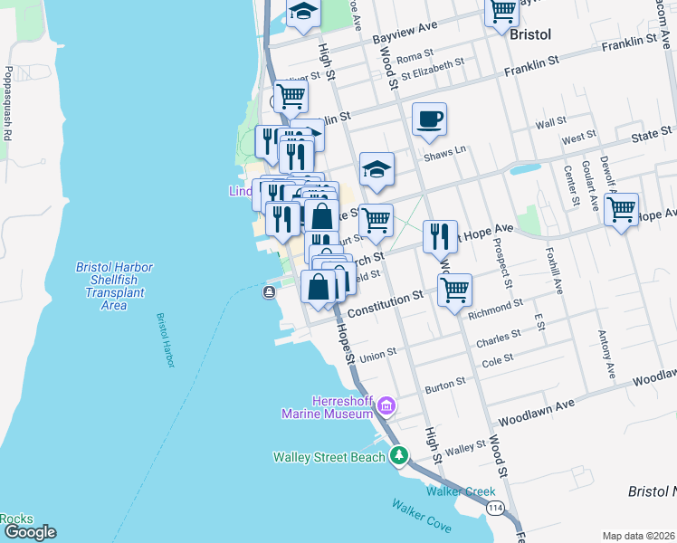 map of restaurants, bars, coffee shops, grocery stores, and more near 366 Hope Street in Bristol