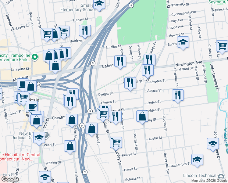 map of restaurants, bars, coffee shops, grocery stores, and more near 73 Dwight Street in New Britain
