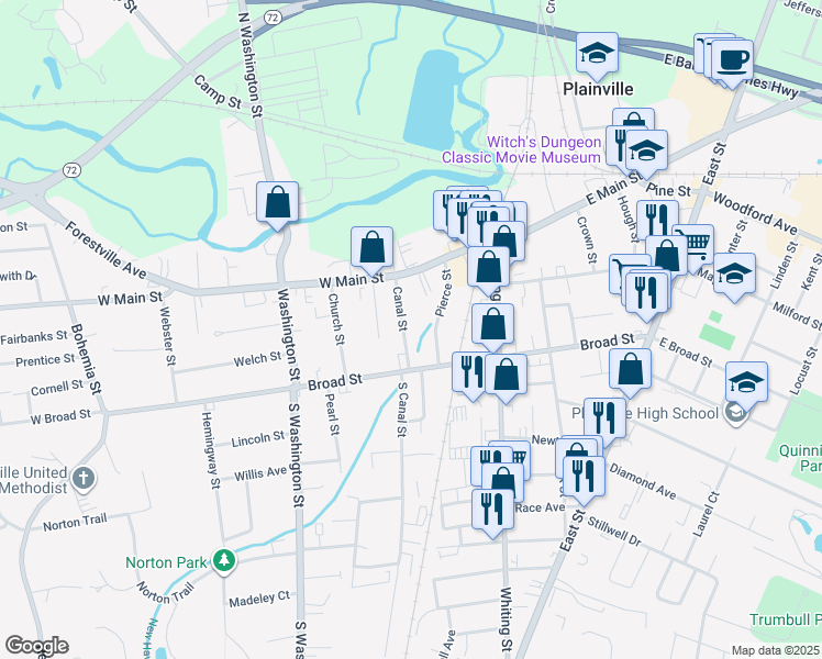 map of restaurants, bars, coffee shops, grocery stores, and more near 61 Pierce Street in Plainville