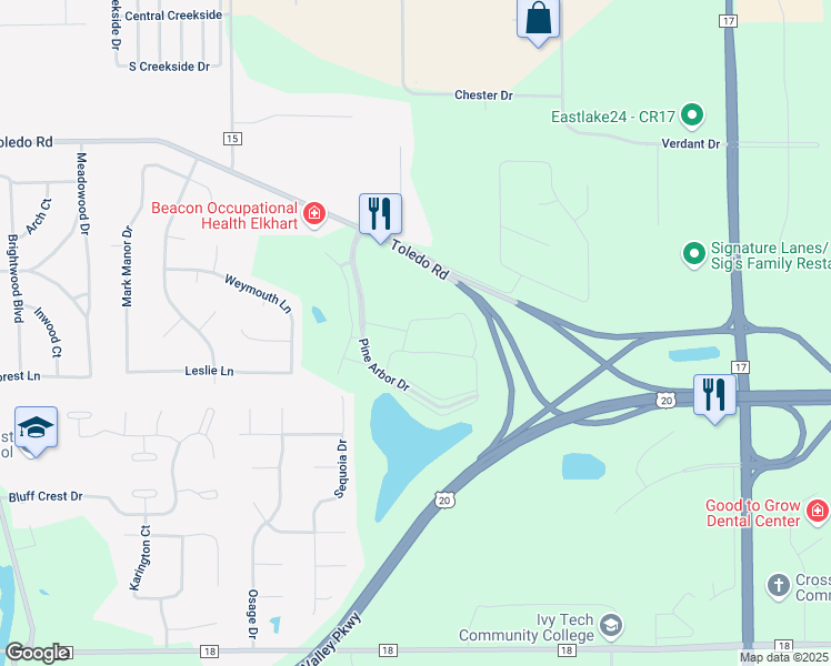 map of restaurants, bars, coffee shops, grocery stores, and more near 22450 Breakwater Drive in Elkhart