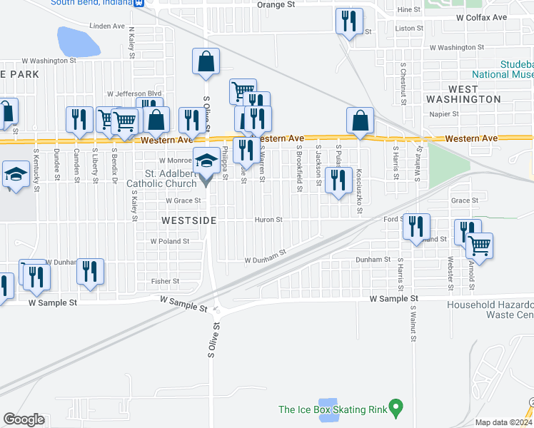 map of restaurants, bars, coffee shops, grocery stores, and more near 614 South Warren Street in South Bend