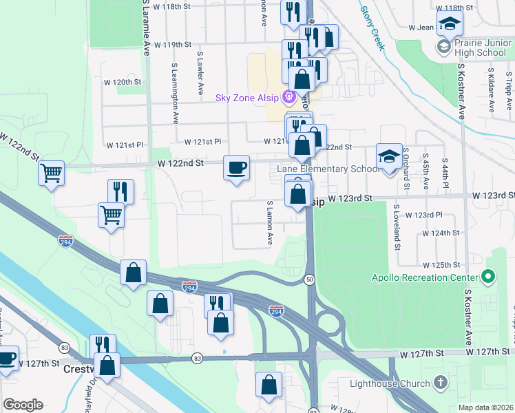 map of restaurants, bars, coffee shops, grocery stores, and more near 4925 West 123rd Street in Alsip