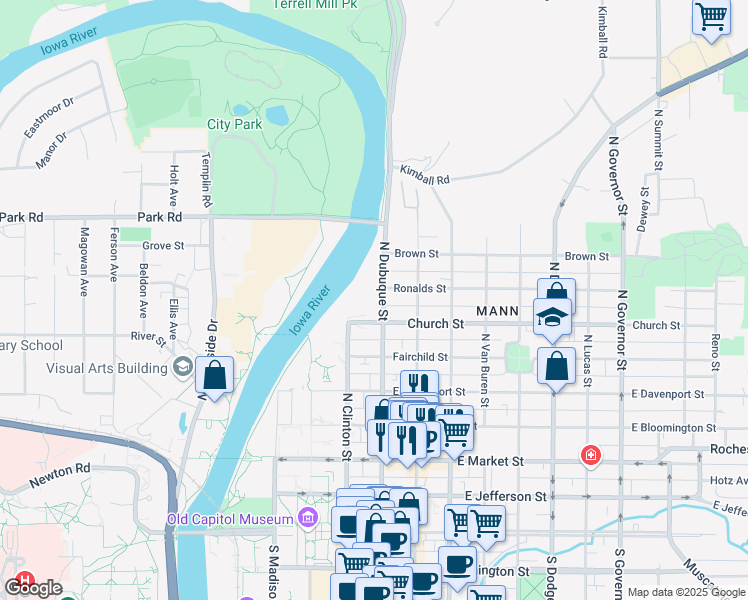 map of restaurants, bars, coffee shops, grocery stores, and more near 102 Church Street in Iowa City