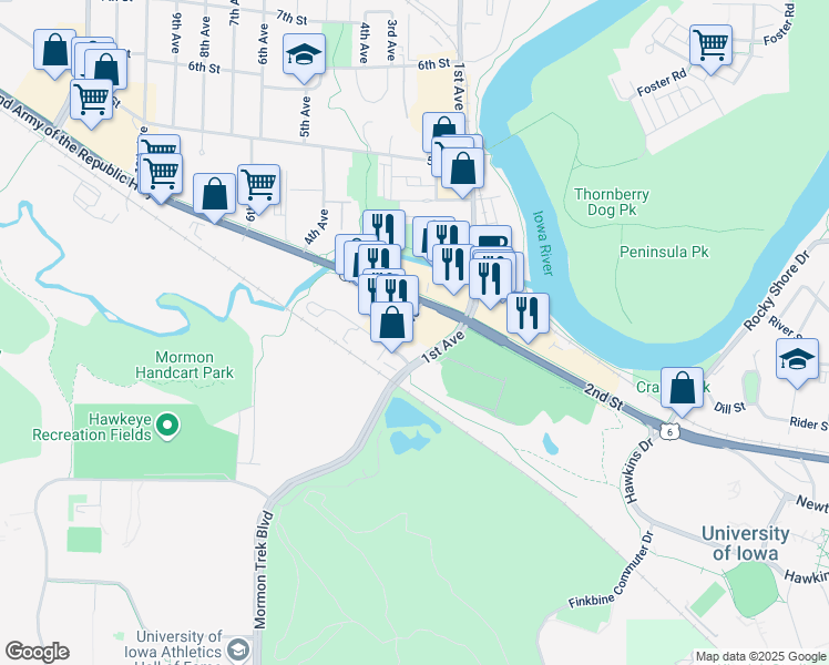 map of restaurants, bars, coffee shops, grocery stores, and more near 110 1st Ave in Coralville