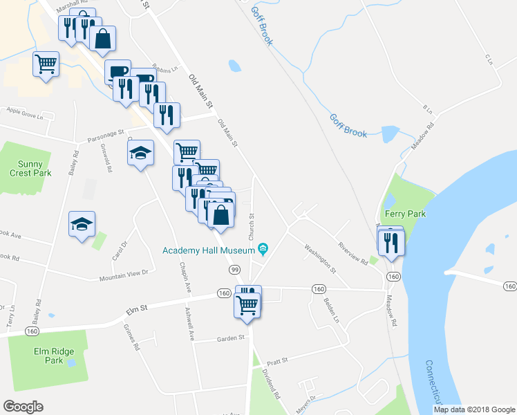 map of restaurants, bars, coffee shops, grocery stores, and more near 11 Church Street in Rocky Hill
