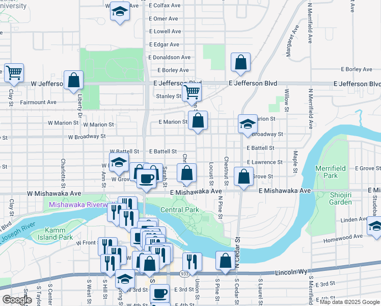map of restaurants, bars, coffee shops, grocery stores, and more near 309 East Battell Street in Mishawaka