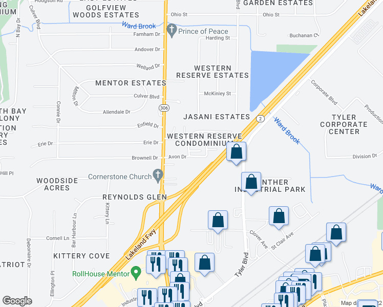 map of restaurants, bars, coffee shops, grocery stores, and more near 7417 Avon Drive in Mentor
