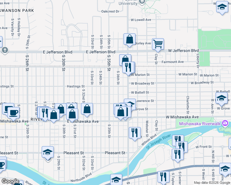map of restaurants, bars, coffee shops, grocery stores, and more near 726 South 36th Street in South Bend