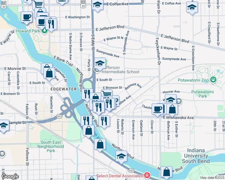 map of restaurants, bars, coffee shops, grocery stores, and more near 1213 Belmont Avenue in South Bend