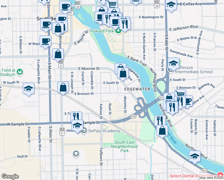 map of restaurants, bars, coffee shops, grocery stores, and more near 611 East Bronson Street in South Bend