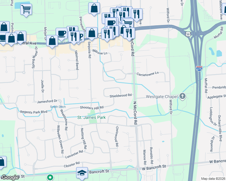 map of restaurants, bars, coffee shops, grocery stores, and more near 6822 Shieldwood Road in Toledo
