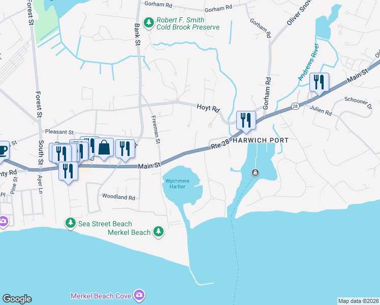 map of restaurants, bars, coffee shops, grocery stores, and more near 657 Main Street in Harwich