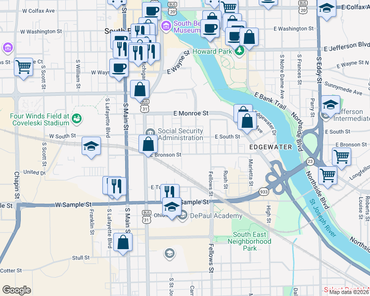 map of restaurants, bars, coffee shops, grocery stores, and more near 630 Carroll Street in South Bend