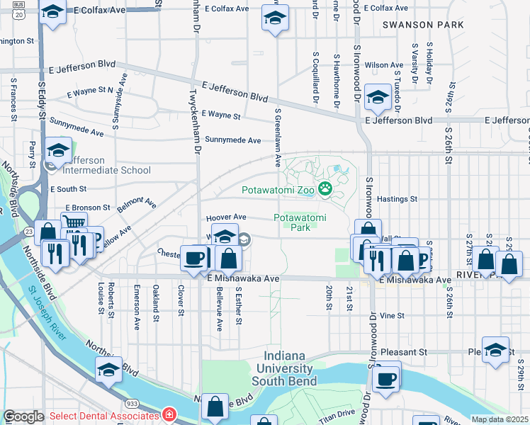 map of restaurants, bars, coffee shops, grocery stores, and more near 1725 Hoover Avenue in South Bend