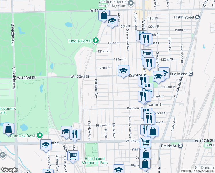 map of restaurants, bars, coffee shops, grocery stores, and more near 12350 Maple Avenue in Blue Island