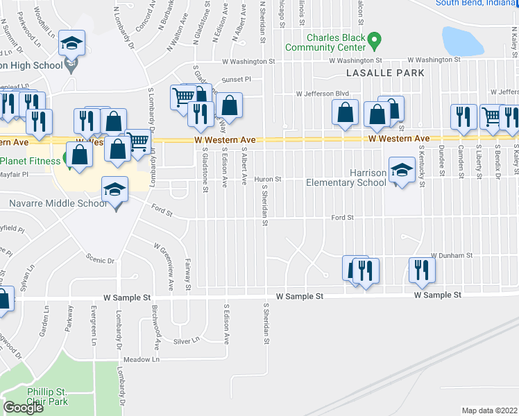 map of restaurants, bars, coffee shops, grocery stores, and more near 613 South Sheridan Street in South Bend