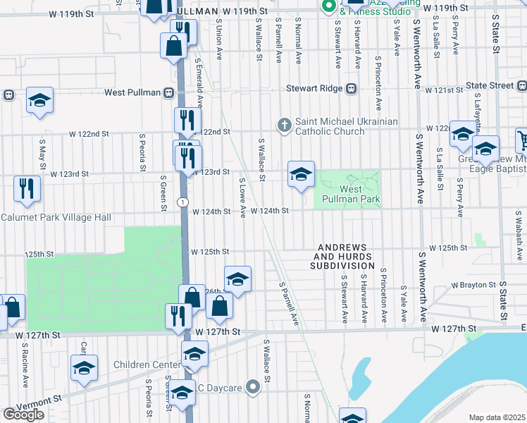 map of restaurants, bars, coffee shops, grocery stores, and more near 12409 South Lowe Avenue in Chicago
