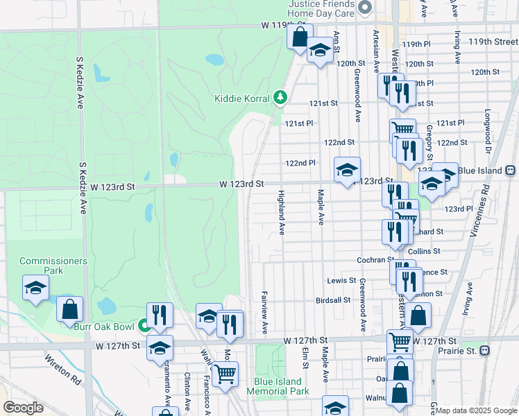 map of restaurants, bars, coffee shops, grocery stores, and more near 2733 Grunewald Street in Blue Island
