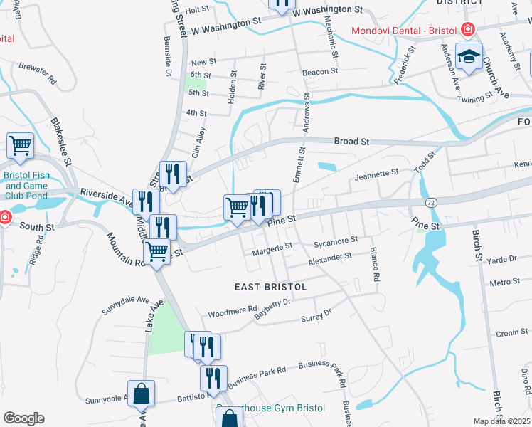 map of restaurants, bars, coffee shops, grocery stores, and more near 201 Pine Street in Bristol