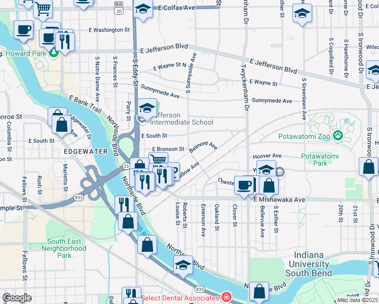map of restaurants, bars, coffee shops, grocery stores, and more near 701 South Sunnyside Avenue in South Bend