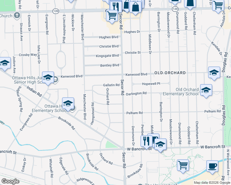 map of restaurants, bars, coffee shops, grocery stores, and more near 3329 Darlington Road in Toledo