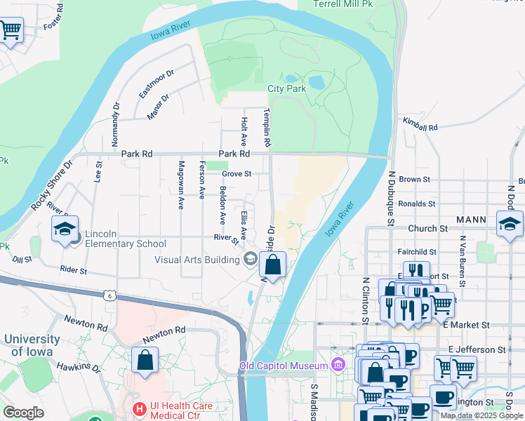 map of restaurants, bars, coffee shops, grocery stores, and more near 360 Ridgeland Avenue in Iowa City