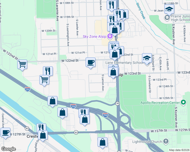 map of restaurants, bars, coffee shops, grocery stores, and more near 4925 West 123rd Street in Alsip