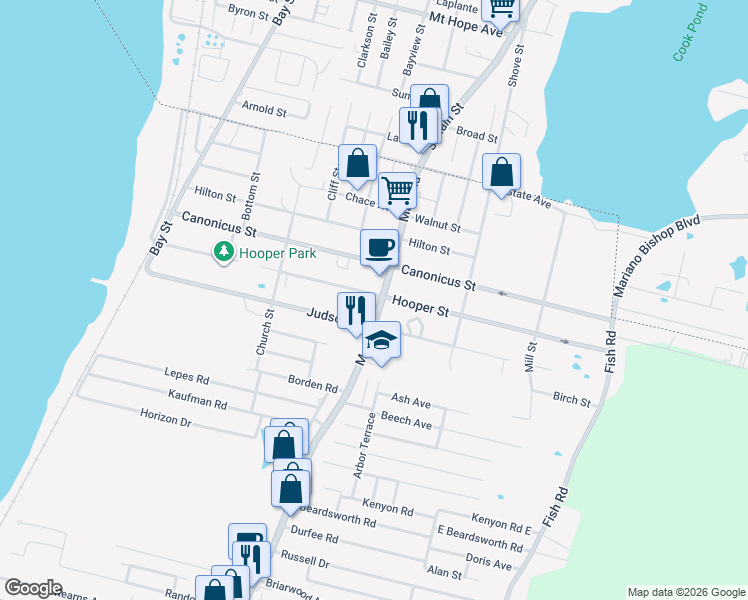 map of restaurants, bars, coffee shops, grocery stores, and more near 248 Judson Street in Tiverton