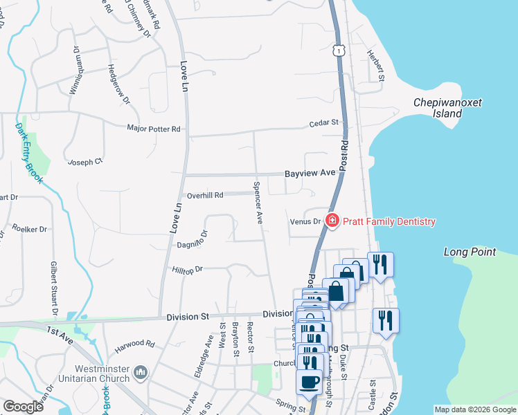 map of restaurants, bars, coffee shops, grocery stores, and more near 141 Spencer Avenue in East Greenwich