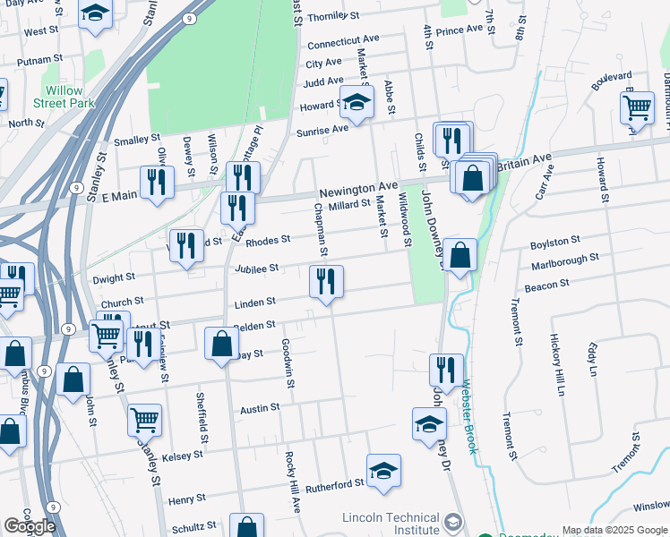 map of restaurants, bars, coffee shops, grocery stores, and more near 203 Chapman Street in New Britain