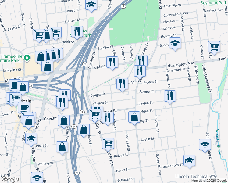 map of restaurants, bars, coffee shops, grocery stores, and more near 115 Dwight Street in New Britain