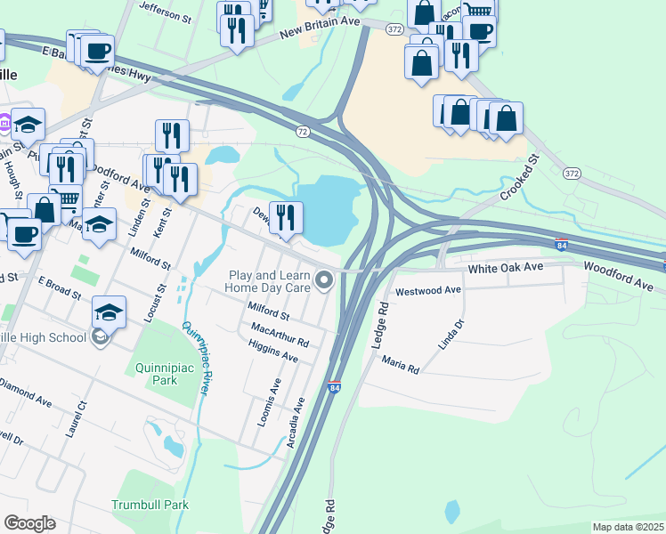 map of restaurants, bars, coffee shops, grocery stores, and more near 76 Dewey Avenue in Plainville