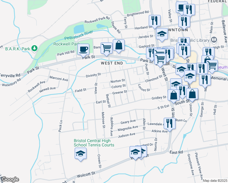 map of restaurants, bars, coffee shops, grocery stores, and more near 6 Edgewood Street in Bristol