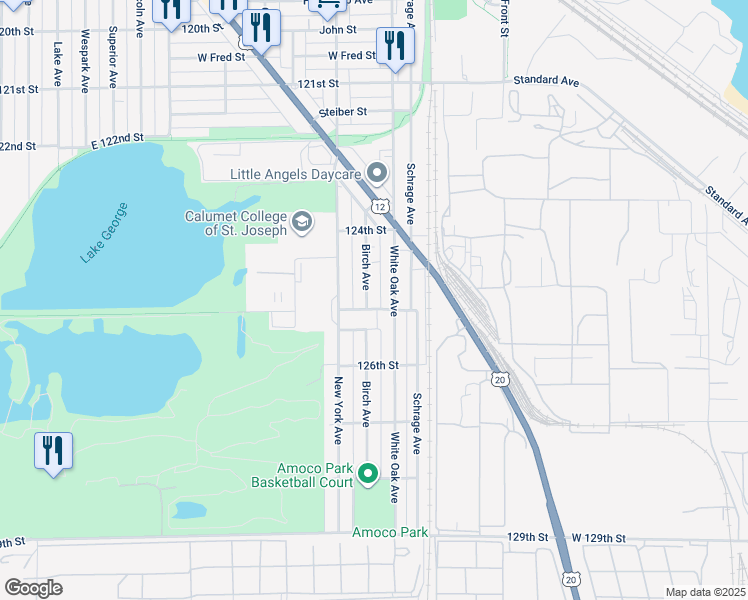map of restaurants, bars, coffee shops, grocery stores, and more near 2472 Birch Avenue in Whiting