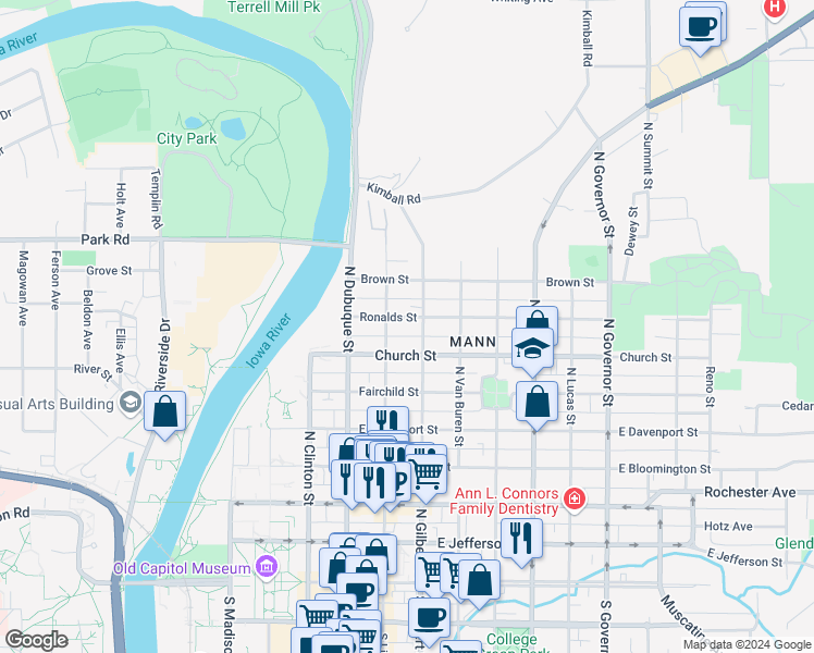 map of restaurants, bars, coffee shops, grocery stores, and more near 618 North Gilbert Street in Iowa City
