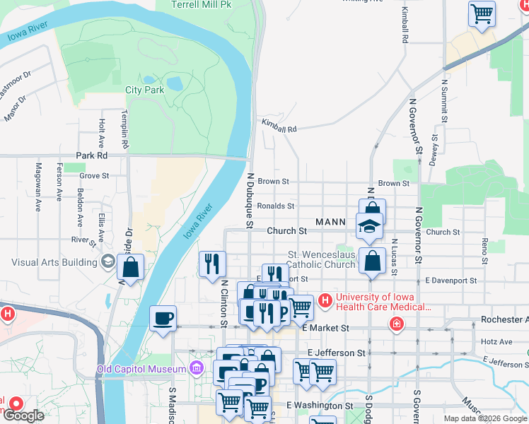 map of restaurants, bars, coffee shops, grocery stores, and more near 612 North Linn Street in Iowa City