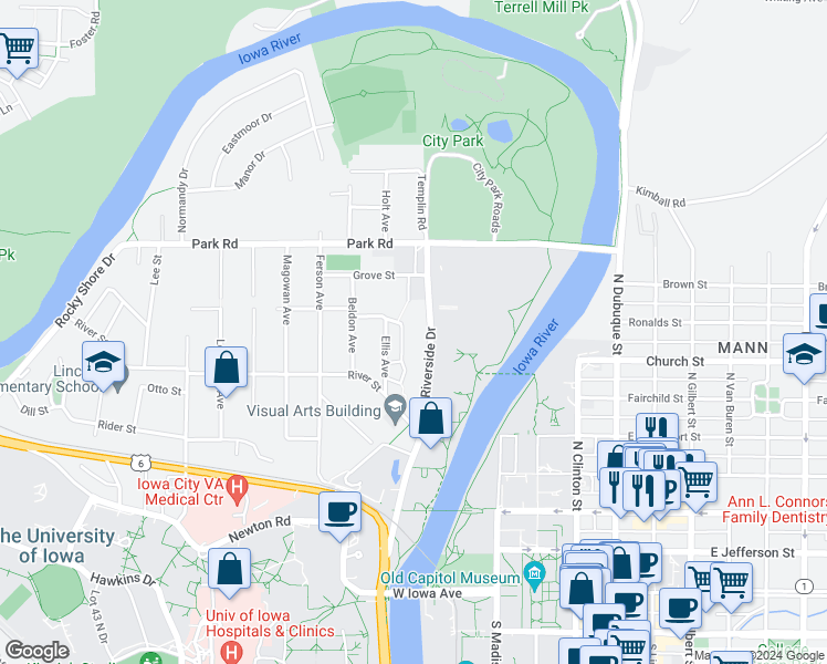 map of restaurants, bars, coffee shops, grocery stores, and more near 330 Ridgeland Avenue in Iowa City