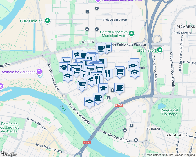 map of restaurants, bars, coffee shops, grocery stores, and more near 31 Calle de María Zambrano in Zaragoza