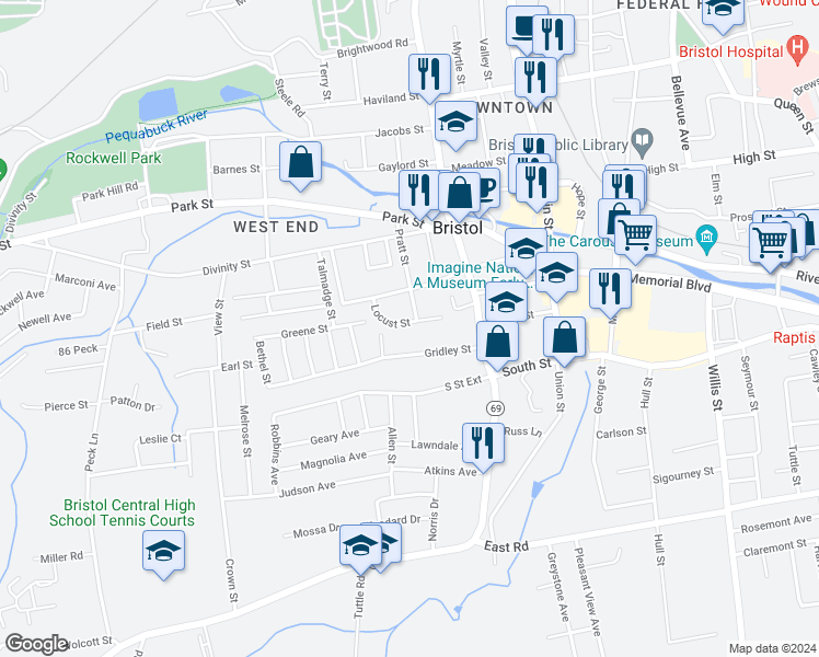 map of restaurants, bars, coffee shops, grocery stores, and more near 54 Locust Street in Bristol