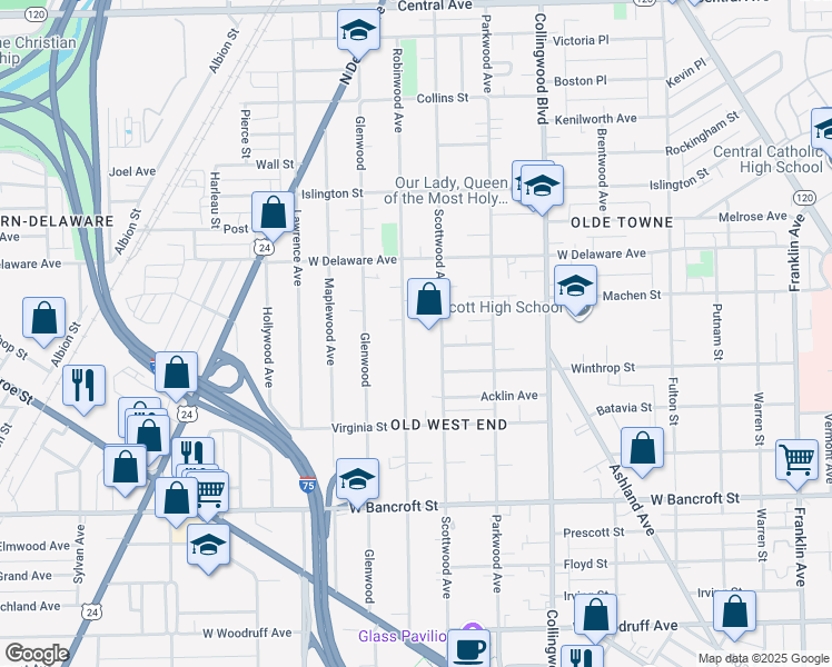 map of restaurants, bars, coffee shops, grocery stores, and more near 2410 Robinwood Avenue in Toledo