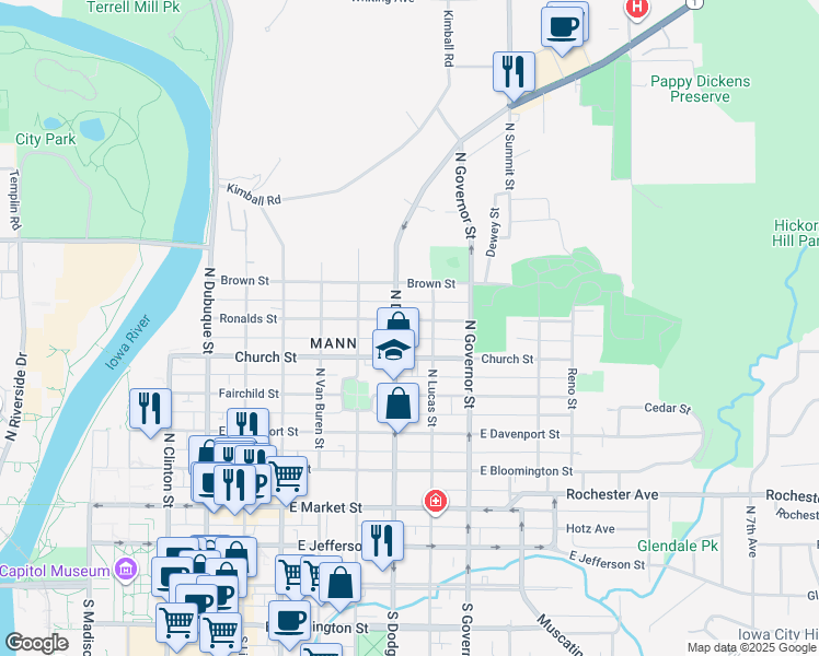 map of restaurants, bars, coffee shops, grocery stores, and more near 713 Ronalds Street in Iowa City